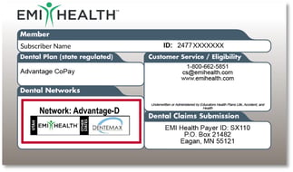 EMI Health dental ID card showing updated network name format