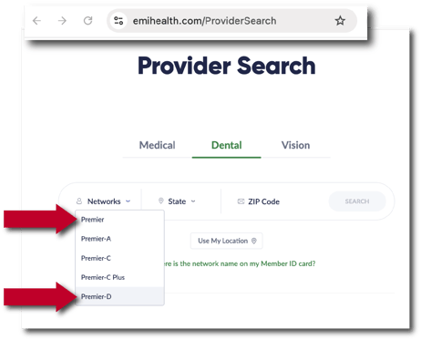 Screenshot of EMI Health dental provider search tool